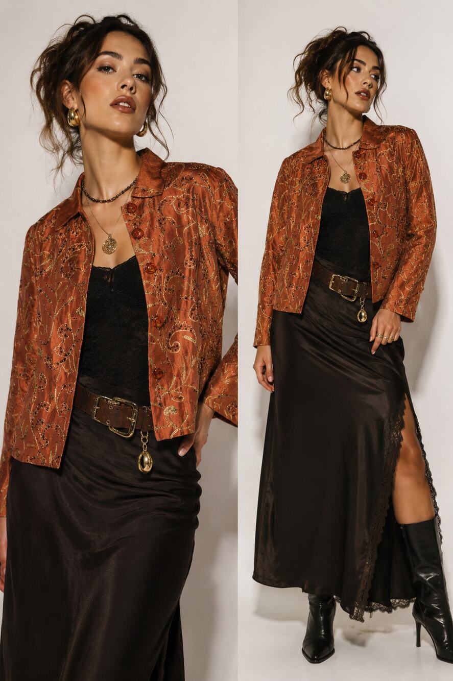 Vtg Copper Silk Embroidered Artsy Jacket Womens Size M Glam Feminine Maximalist